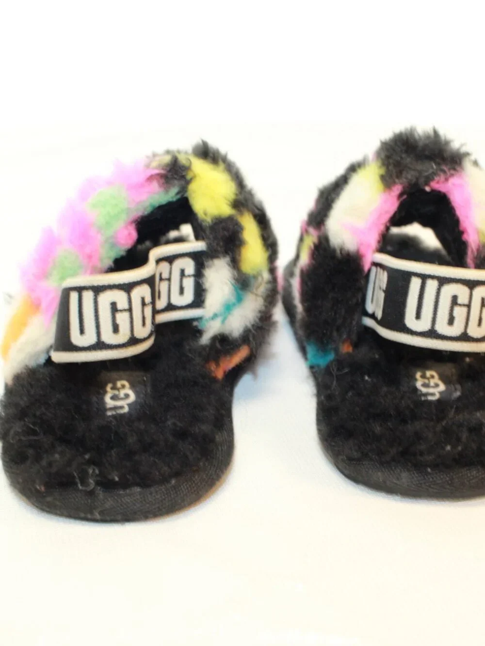 UGG Size Baby 6  Checks Black Fluff Yeah Slide Faux Fur Slipper Sandals 1130391T
